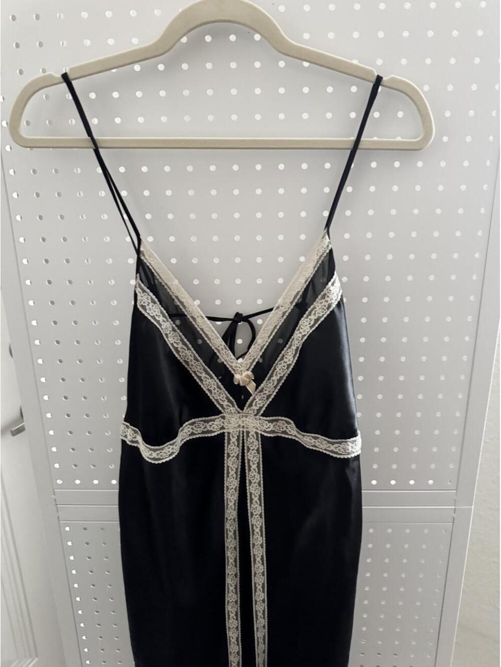 Vintage California Dynasty Black Satin Lace Slip Dress | Size Large
